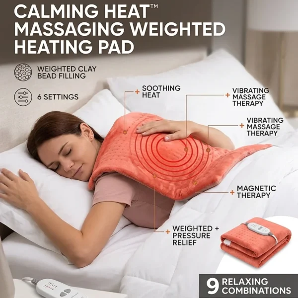 Blueidea Calming Heat Massaging Weighted Heating Pad – 3 Heat & 3 Vibration Settings, Auto Shut-Off Electric Pain Relief Pad for Back, Neck & Menstrual Cramps (4 lbs, 12x24 In) - Image 4