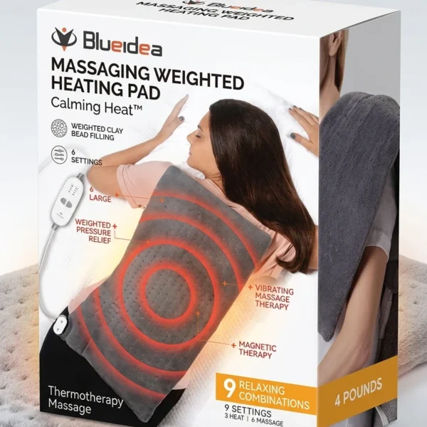 Blueidea Calming Heat Massaging Weighted Heating Pad – 3 Heat & 3 Vibration Settings, Auto Shut-Off Electric Pain Relief Pad for Back, Neck & Menstrual Cramps (4 lbs, 12x24 In)